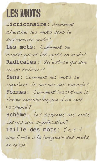 Les mots
Dictionnaire: comment chercher les mots dans le dictionnaire arabe? 
Les mots: Comment se construisent les mots en arabe?Radicales: Qu’est-ce qu’une racine trilitaire?
Sens: Comment les mots se ramifient-ils autour des radicale?Formes: Comment inscrit-on la forme morphologique d’un mot (schème)?
Schème: Les schèmes des mots ont-ils une signification?Taille des mots: Y a-t-il une limite à la longueur des mots en arabe?   